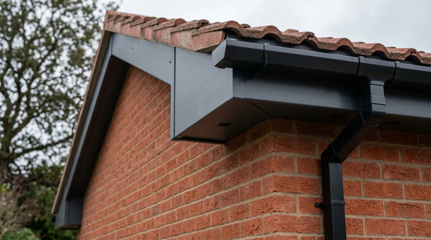 Anthracite grey fascia, soffit and gutter at the eaves of a red brick house