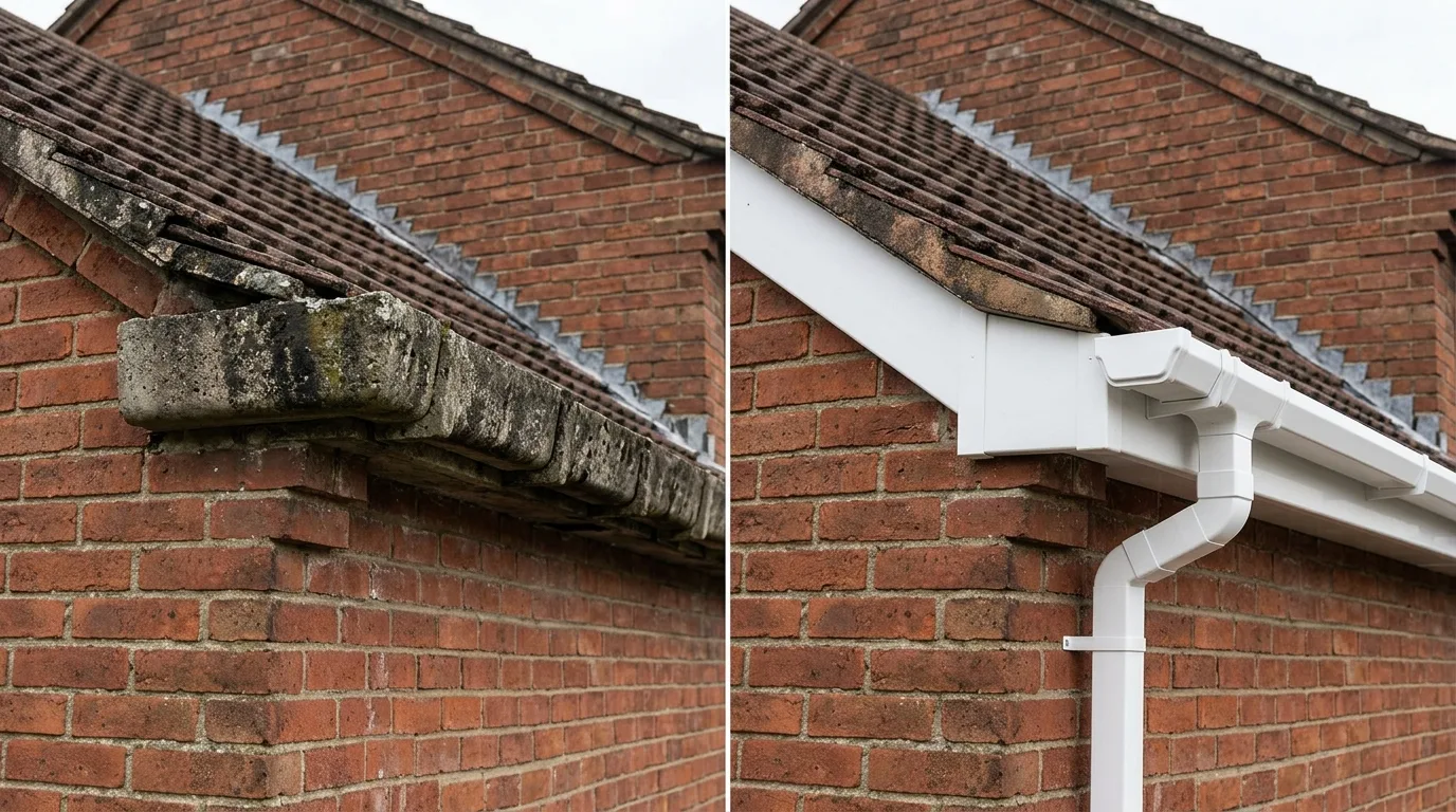 The same brick eaves with old concrete Finlock gutters and with new white uPVC guttering