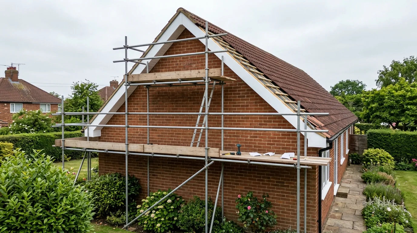 Scaffold at the gable end of a brick house while new white bargeboard and soffit are fitted