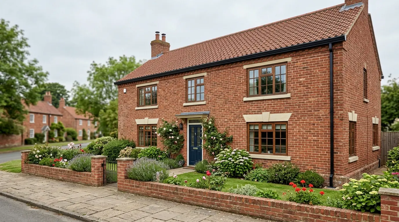 Black seamless gutter and downpipe on a detached red brick house in a Lincolnshire village